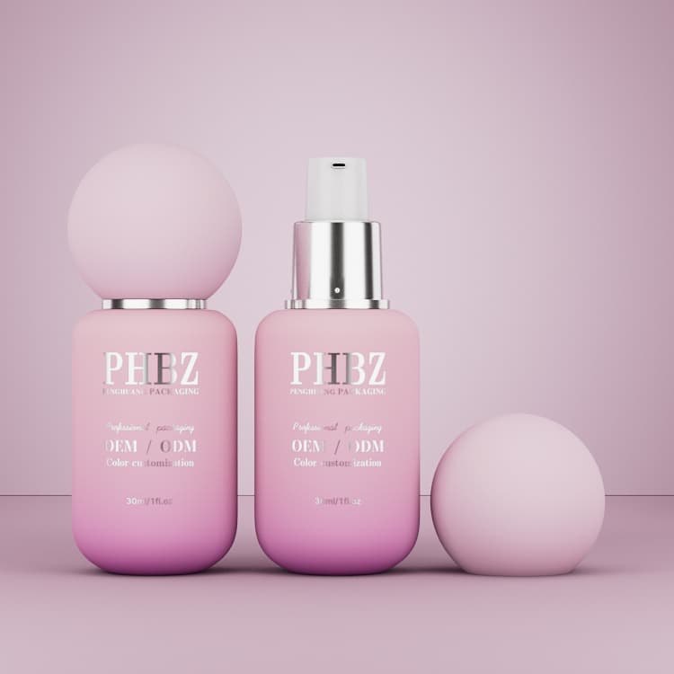 Cosmetic packaging — Luxury Glass Serum Bottle 30ml Custom Design Gradient Pink Skincare Cosmetic Packaging Face Care Round Cap Essence Bottles