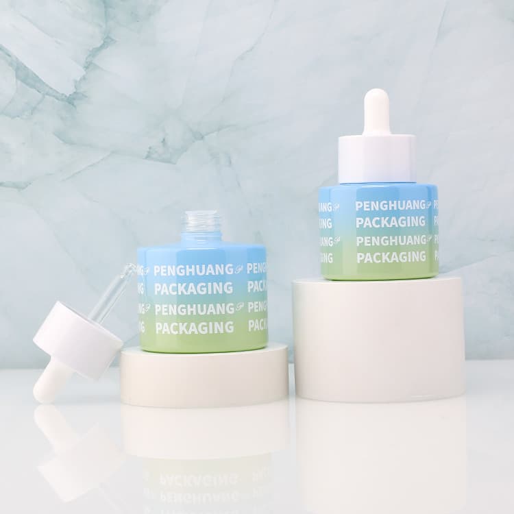 Cosmetic packaging — Wholesale 30ml 50ml round Flat Shoulder Serum Dropper Bottle Cosmetic Packaging for Hair Serum Essential Oil Printing