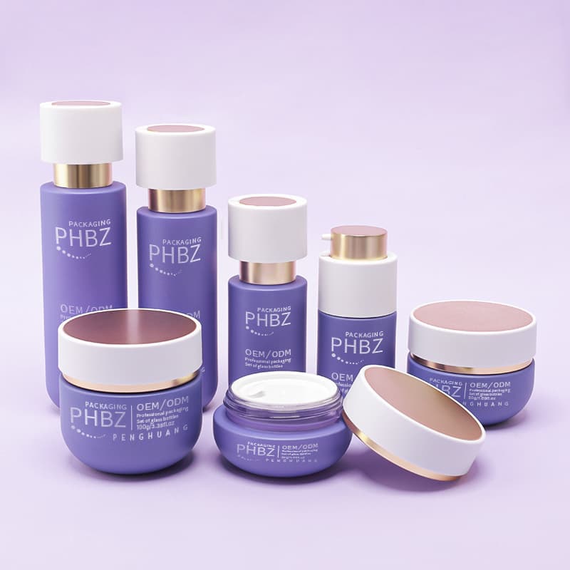Cosmetic packaging — Luxury Matte Purple Glass Skincare Cosmetic Packaging Set for Skin Care Serum Face Cream Lotion Pump Gold Stamp 30/50g 100/120ml