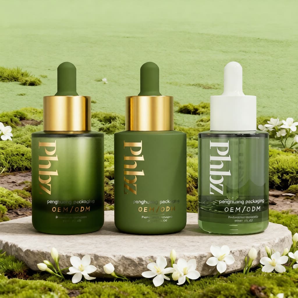 Cosmetic packaging — Luxury 30ml Green Customized Color Logo Flat Shoulder Essential Oil Glass Serum Dropper Bottle Face Care  Skincare Packaging