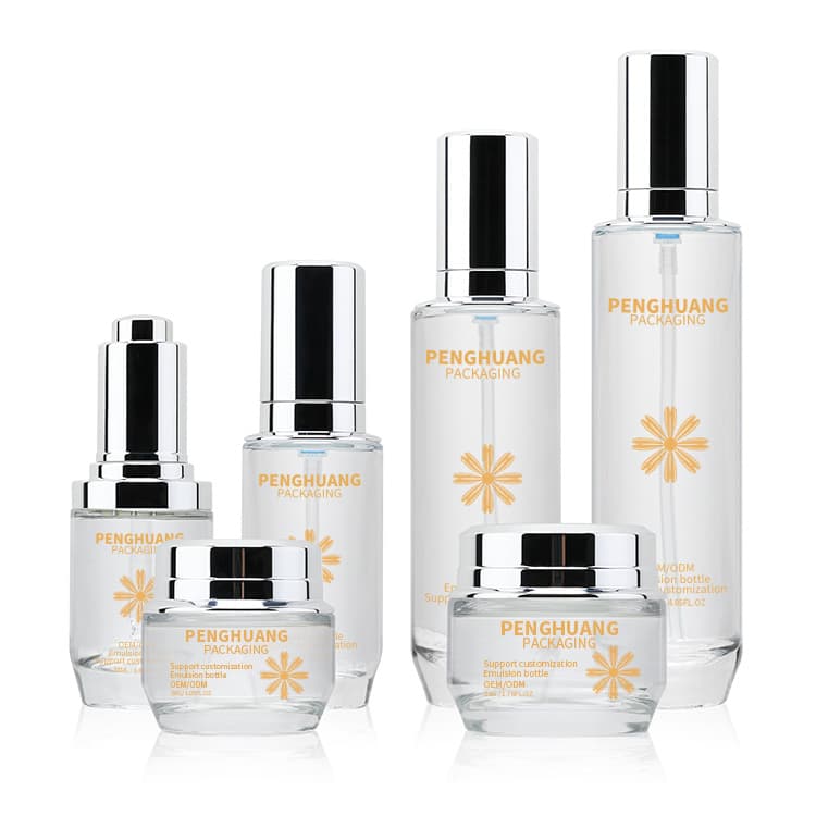 Cosmetic packaging — Cosmetic Glass Bottle Set Transparent Round Jar Set with UV Cap 30ml 40ml 100ml 120ml for Cosmetic Packaging