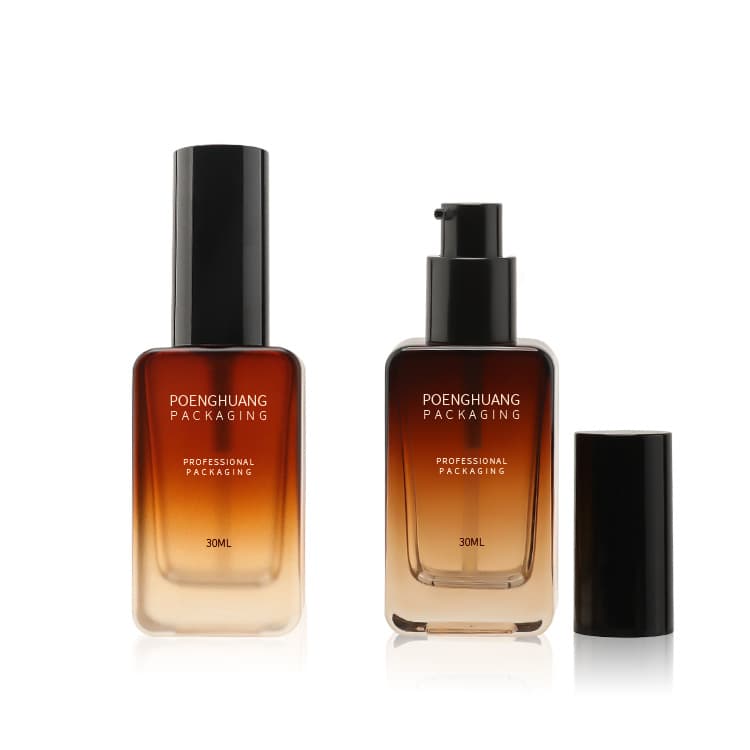 Cosmetic packaging — Factory Wholesale Empty square Flat Shoulder Moisture Skincare Packaging Lotion Pump Glass Bottle 30ml Gradual Amber