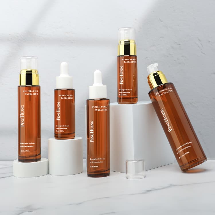 Cosmetic packaging — 100ml Frosted Glass Toner and Lotion Pump Bottle Gold Collar Cap Amber Skincare Packaging for Cosmetic Use