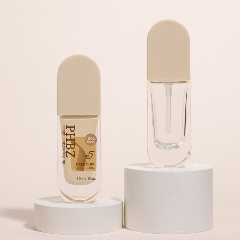 Cosmetic packaging — Luxury 30ml Clear Flat Square Glass Liquid Foundation & Face Cream Bottle with Lotion Pump Metal Screw Cap and Screen Printing