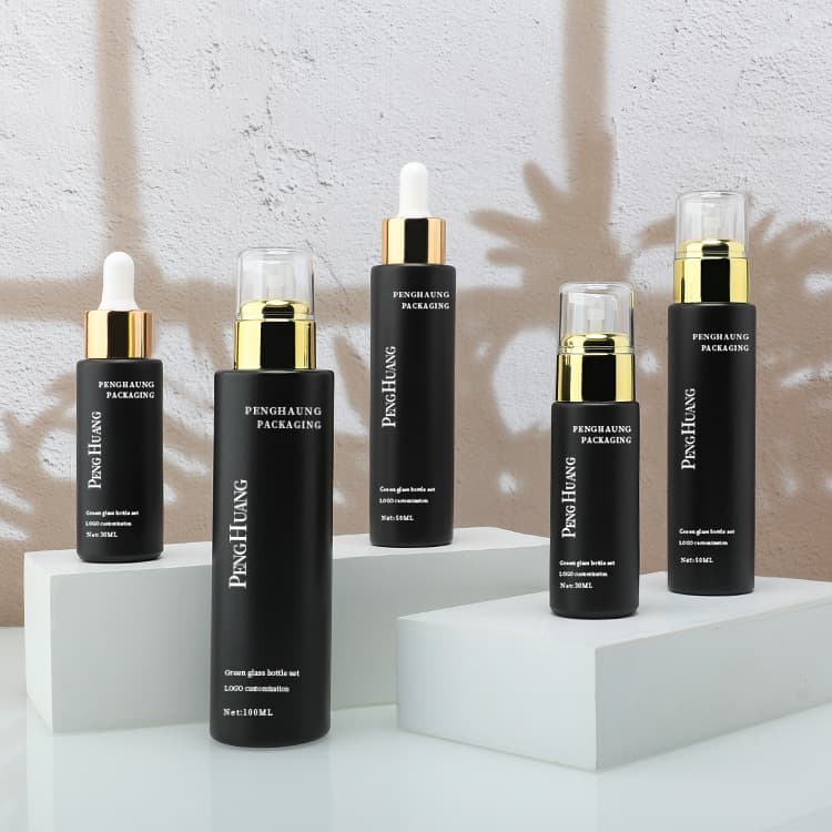 Cosmetic packaging — Black Luxury Cylinder Glass Serum Bottle with Dropper 30ml 50ml 100ml Pump Bottle for Skin Care Serum for Cosmetic Packaging