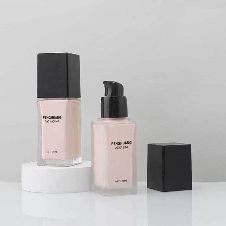 Cosmetic packaging — Empty 35ml 1oz Square Clear Frosted Glass Pump Bottle for Liquid Foundation Skin Care Serum Facial Cleanser Face Cream Penghuang