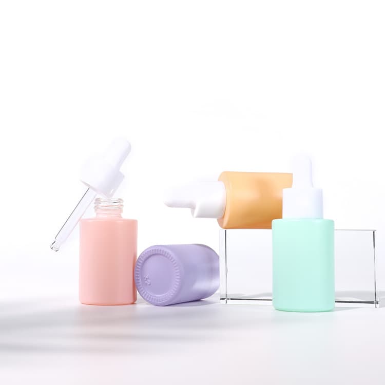 Cosmetic packaging — Customized Cosmetic Oil Dropper Pink Bottle 30ml Flat Shoulder Cylinder Shape Colorful Frosted Serum Dropper Glass Bottle
