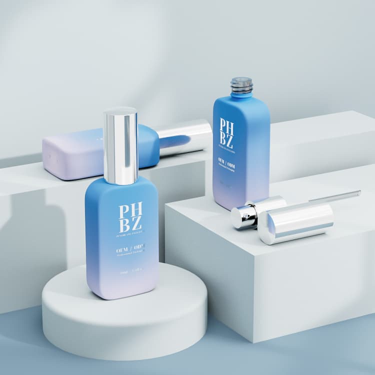 Cosmetic packaging — New Arrival 50ml Blue Gradient Pink Glass Pump Bottle Special Shape Square Foundation Bottle for Cream Lotion Serum
