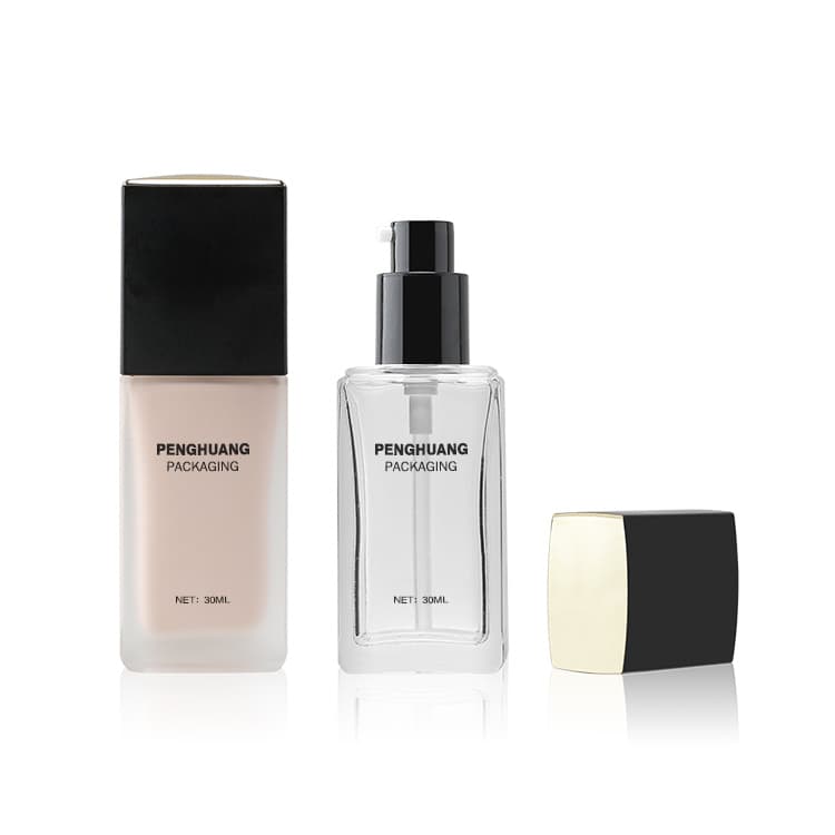 Cosmetic packaging — Factory Supply Square 30ml Empty Cosmetic Glass Liquid Foundation & Skin Care Serum Packaging Bottle with Squeeze Pump
