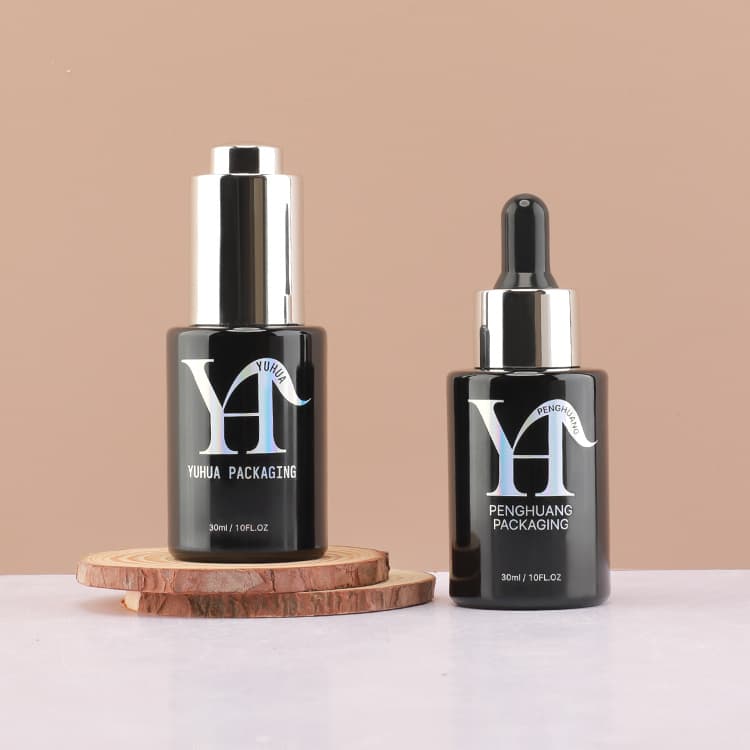 Cosmetic packaging — 2023 New Arrival Free Sample Makeup Skin Care Essential Oil 30ml Laser Color Black Luxury Dropper Bottle 30ml