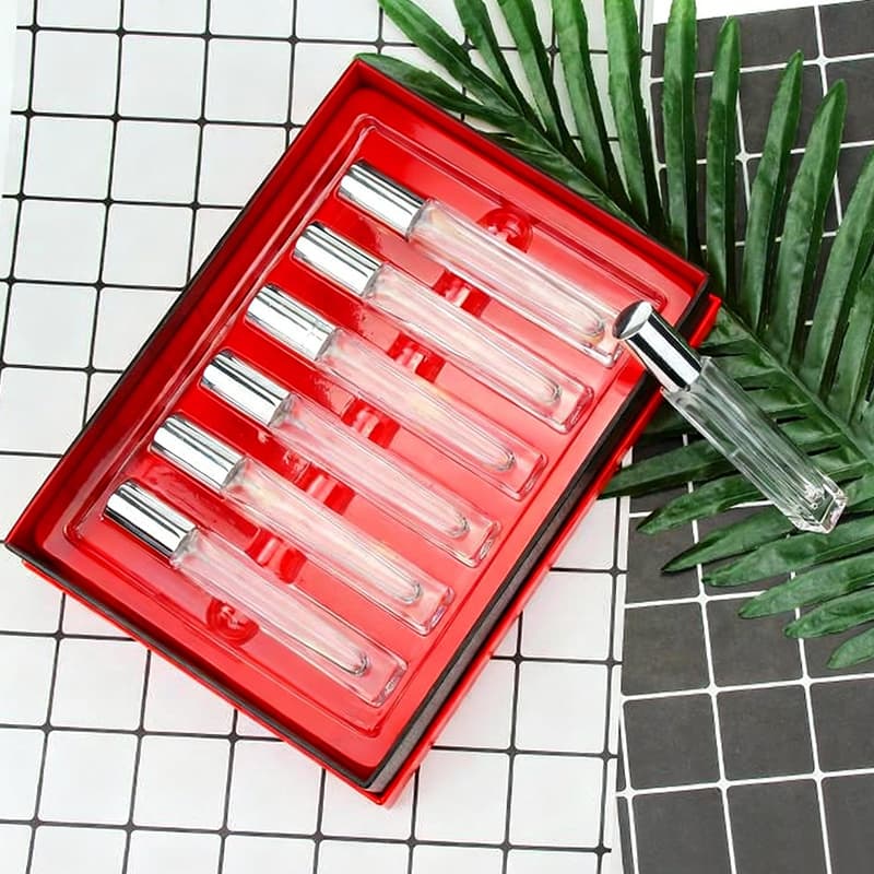 Cosmetic packaging — Luxury 6pcs 15ml Empty Square Frost Matte Glass Perfume Spray Sample Bottle Set with Red Gift Packaging Box