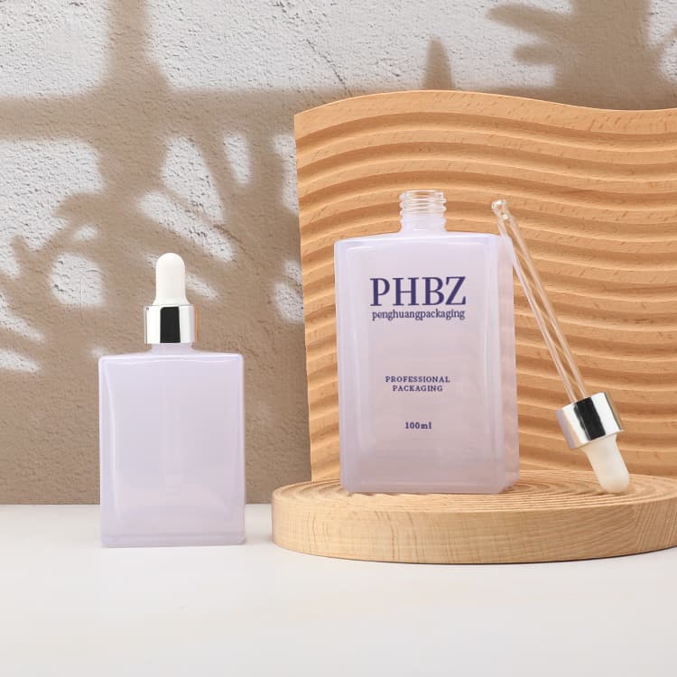 Cosmetic packaging — New Arrival Cosmetic Packaging Empty Rectangle Purple White Clear/Black Glass Serum Essential Oil Bottle 30ml 50ml 100ml Dropper