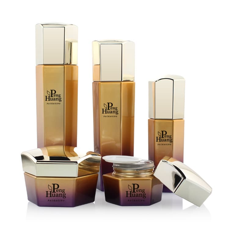 Cosmetic packaging — Luxury  Hexagon Cosmetic Glass Pump Bottle Set Skin Care Series Face Cream Jar Cosmetic Packaging Toning Glass Lotion Bottle