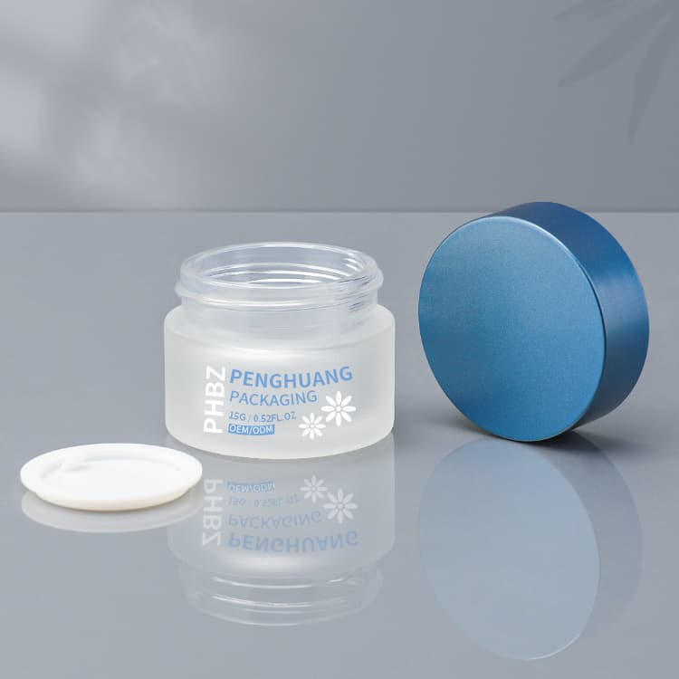Cosmetic packaging — Custom 15g Frosted Glass Eye Cream Jar with Blue Plastic Cap Empty Cosmetic Jar for Skin Care Packaging