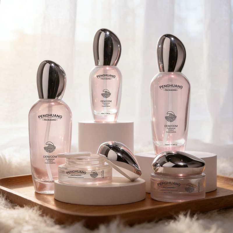 Cosmetic packaging — Special Shape Cosmetic Set Silver Cap Skin Care Serum Cream Jar Cylinder Glass Bottle Lotion Facial Toner Foundation Lotion Pump