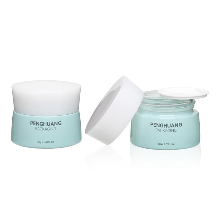 Cosmetic packaging — 30g 50g Cyan Glass Cream Jar Custom Design Face Skin Care Jars Sunscreen Moisturize Glass Skincare Packaging Cosmetic Cream Jar