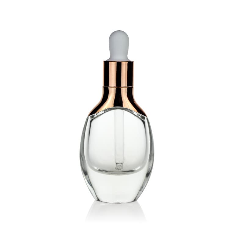 Cosmetic packaging — 1oz 30ml Unique Flat Body Shape Face Serum Glass Bottle with Golden Uv Shoulder Cover
