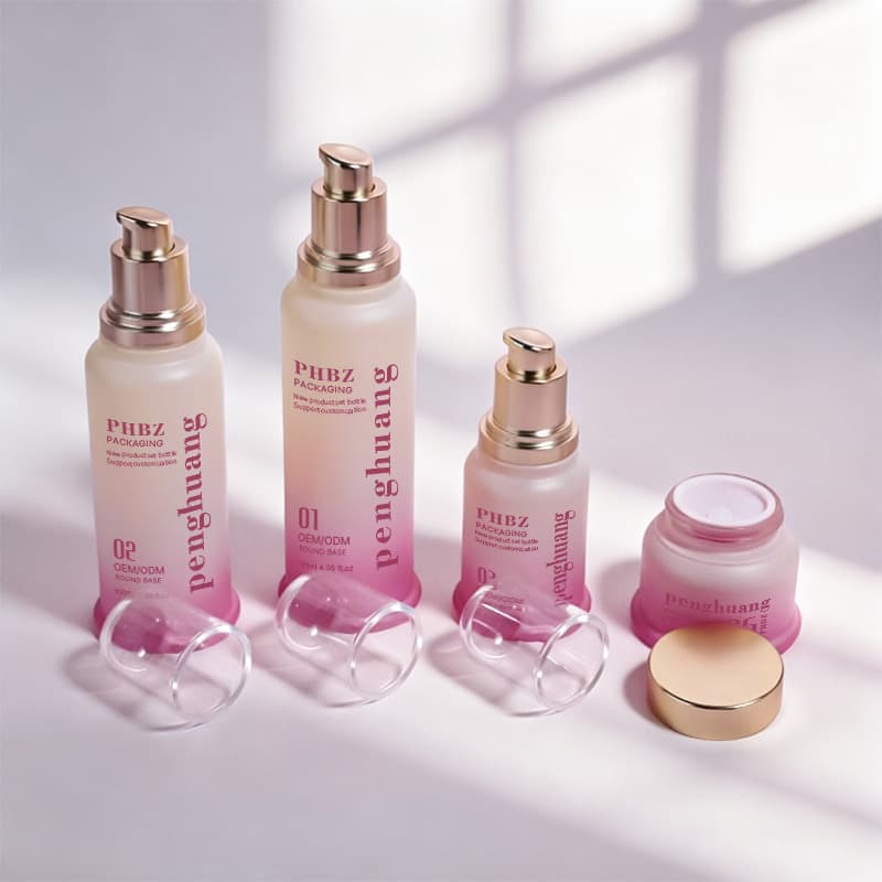 Cosmetic packaging — Custom Printed Gradient Glass Skincare Bottle Set with Gold Press Pump Cap Empty Container for Serum Cream Lotion Essence