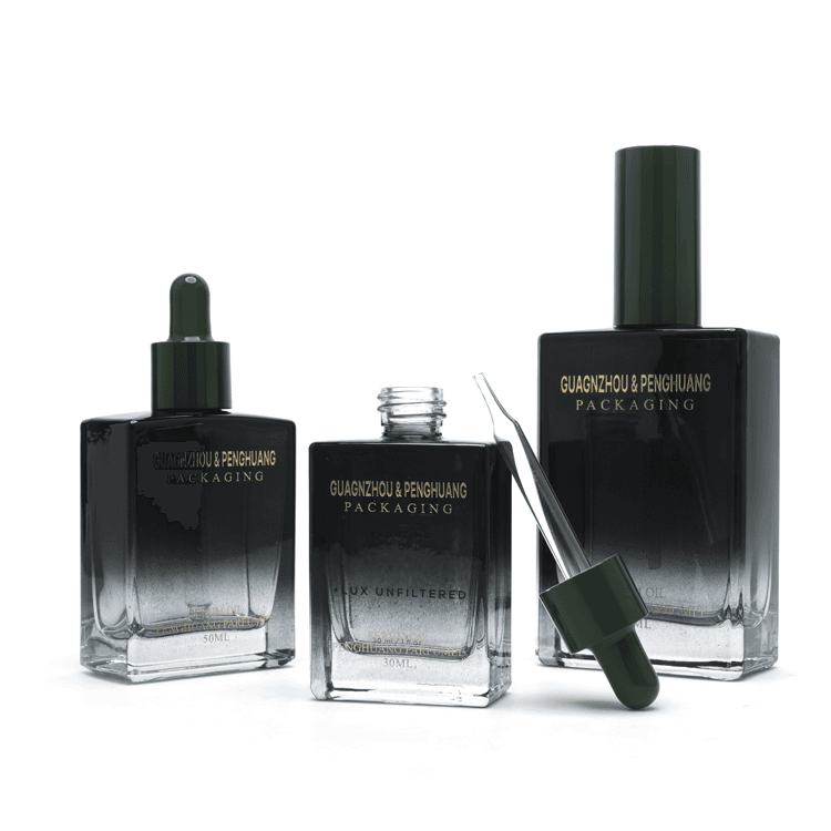 Cosmetic packaging — Customized Spray Painted Serum Packaging Gradient Black 30ml 50ml Dropper Essential Oil Rectangle Glass Bottle with Dropper