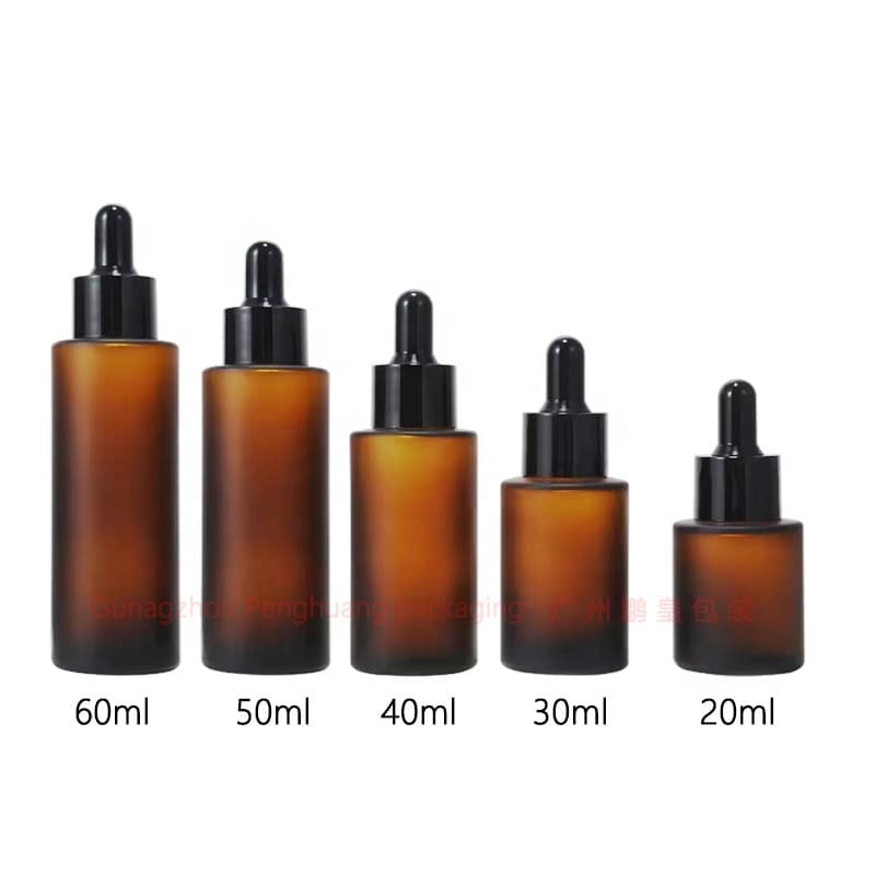 Cosmetic packaging — 20/30/40/50/60ml Brown/Amber Frosted Glass Dropper Bottles for Serum & Face Oil with Round/Flat Shape