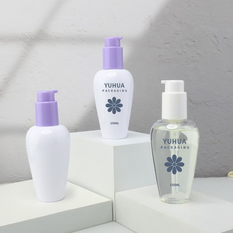 Cosmetic packaging — Empty Refillable 150ml PET Pump Bottle for Shampoo Lotion Cream Essential Oil Facial Cleanser Travel Custom Screen Printed