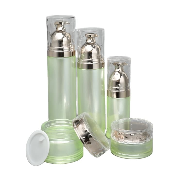 Cosmetic packaging — Empty Thick Bottom Cosmetic Skincare Packaging Set Cosmetic Moisturized Lotion Glass Pump Bottle Round Green Cosmetic Cream Jar