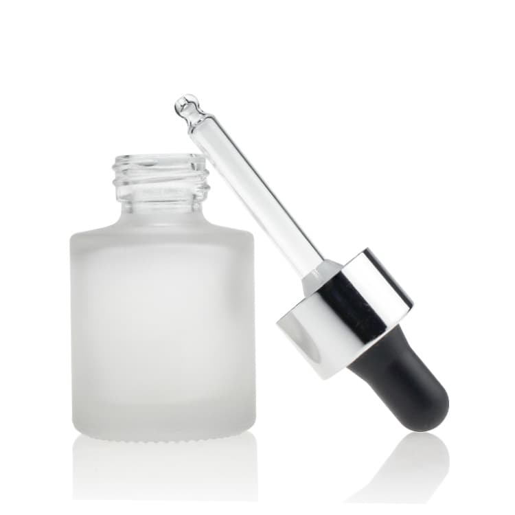 Cosmetic packaging — Matte Customized Short cylinder round bottle 30ml with silvery golden white dropper