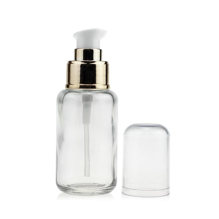 Cosmetic packaging — Clear transparent round square 30ml 50ml foundation cream bottle with golden pump and clear cover cap