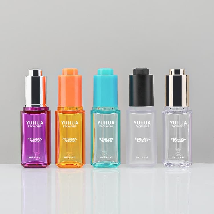 Cosmetic packaging — Custom Color Essence Skincare Packaging 1oz 30ml Serum PETG Plastic Hair Oil Flat Shoulder Dropper Bottle