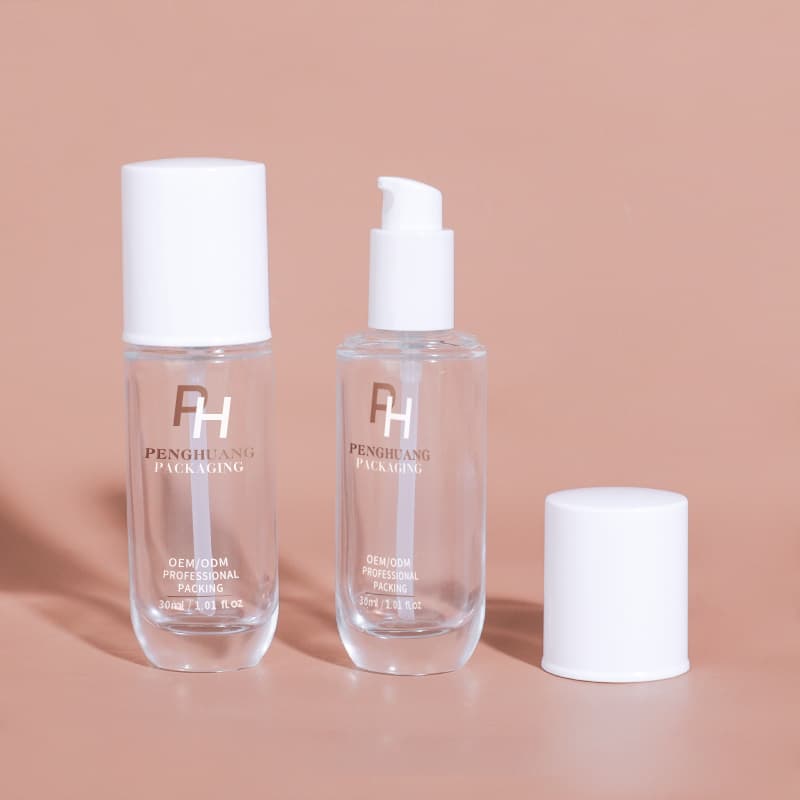 Cosmetic packaging — 30ML Clear round Glass Foundation Bottle Empty Refillable with Lotion Pump Handle for Skin Care Serum Face Liquid Cream Bottle