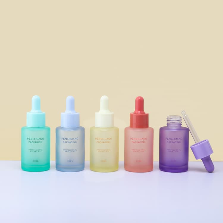 Cosmetic packaging — Stock Frosted Colorful Cosmetic Skincare Packaging Glass Essential Oil Dropper Bottles Glass 30ml Serum Bottle