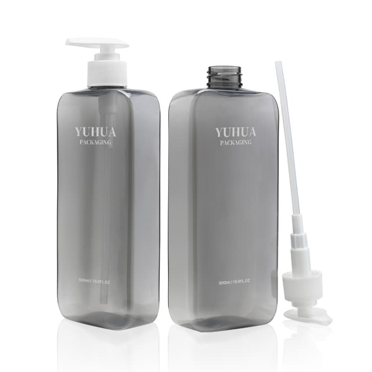 Cosmetic packaging — Custom 500ml Logo Flat Square PET Plastic Cosmetic Packaging Gray Shampoo Bottles with Press Pump for Conditioner Lotion