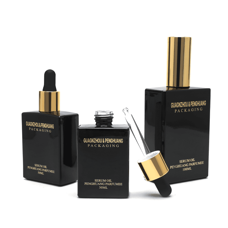 Cosmetic packaging — 30ml 50ml 100ml Rectangle 1oz Black Amber Empty Glass Essential Oil Bottle with Dropper New Arrival Square Glass Serum Bottle