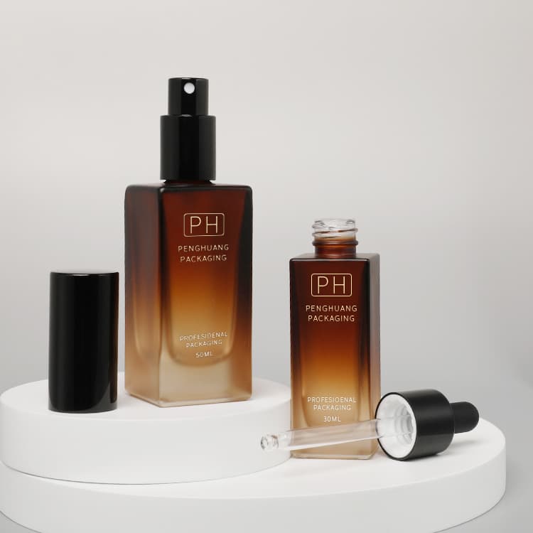 Cosmetic packaging — New Design 30ml 50ml Squares Liquid Lotion Glass Bottle with Pump Sprayer Amber Frosted Glass Moisture Lotion Bottles