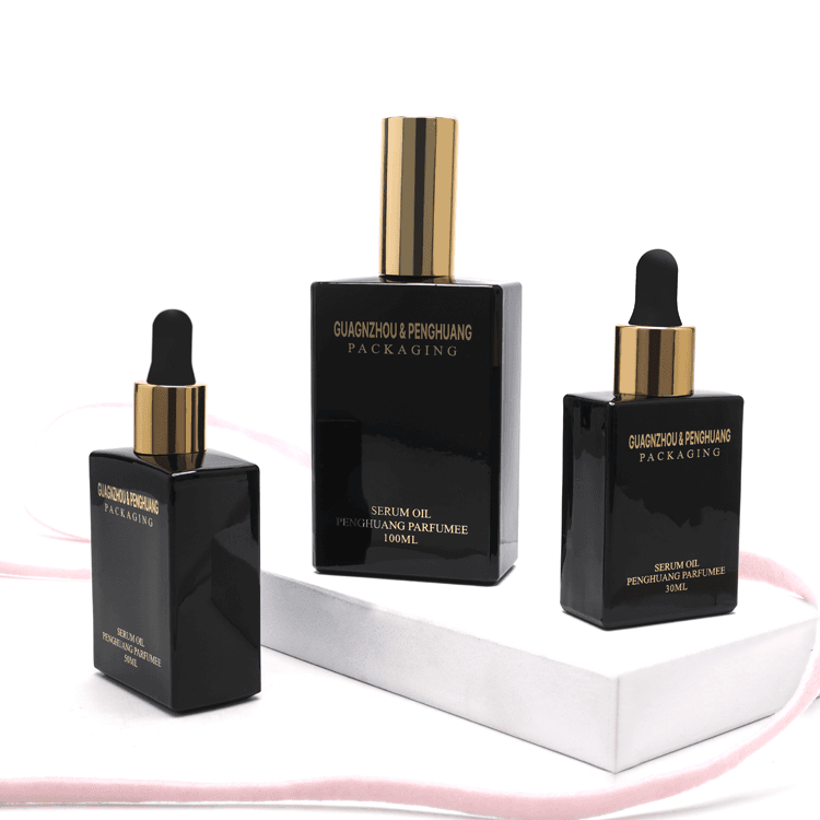 Cosmetic packaging — Factory Price Luxury Glass Gold Collar Dropper Serum Bottle 30ml 50ml Square Black Glass Essential Oil Dropper Bottle