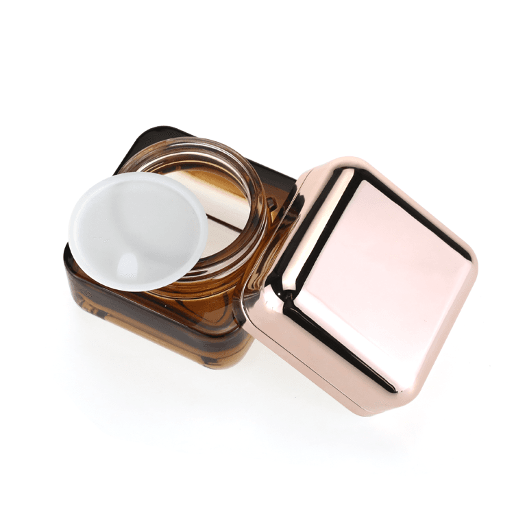 Cosmetic packaging — Colour Gradient Amber Cosmetic Jars Elegant 50g Face Cream Empty Skincare Square Amber Cream Glass Jar with Rose Gold Cap