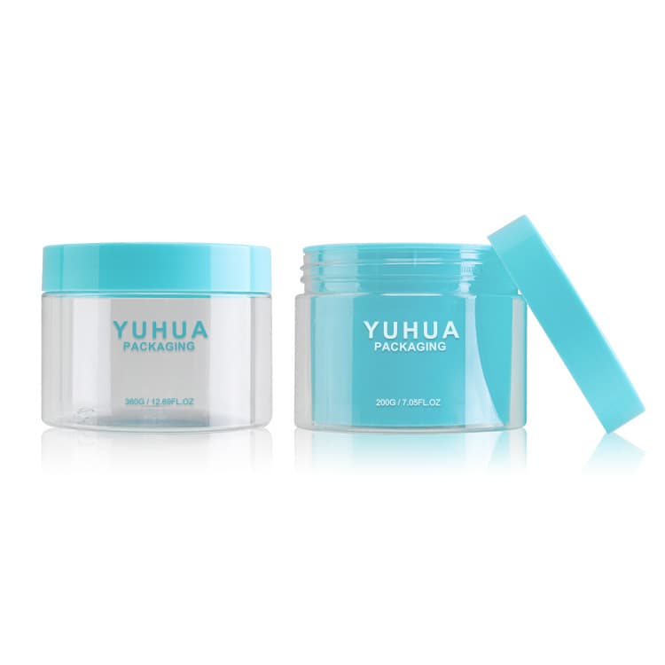 Cosmetic packaging — Accept Custom 200g 360g New Arrival Blue Transparent Plastic Cream Jar with Flat Top Cap