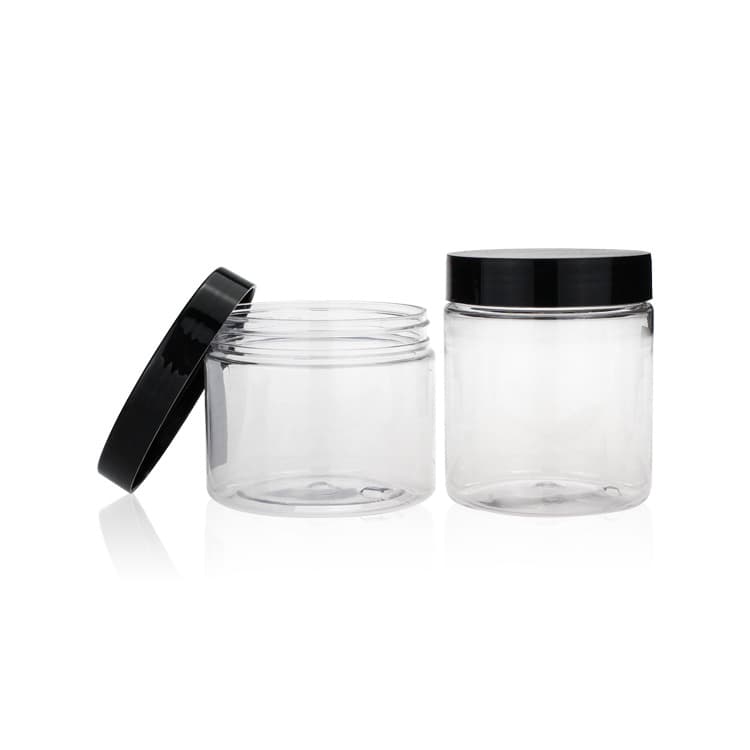 Cosmetic packaging — 250ml Transparent PET plastic bottle for food candy with black lids