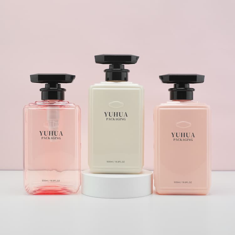 Cosmetic packaging — Custom square Hair Care 500ml Plastic Shampoo Bottle Fancy Cosmetic Plastic Bottle with Lotion Pump