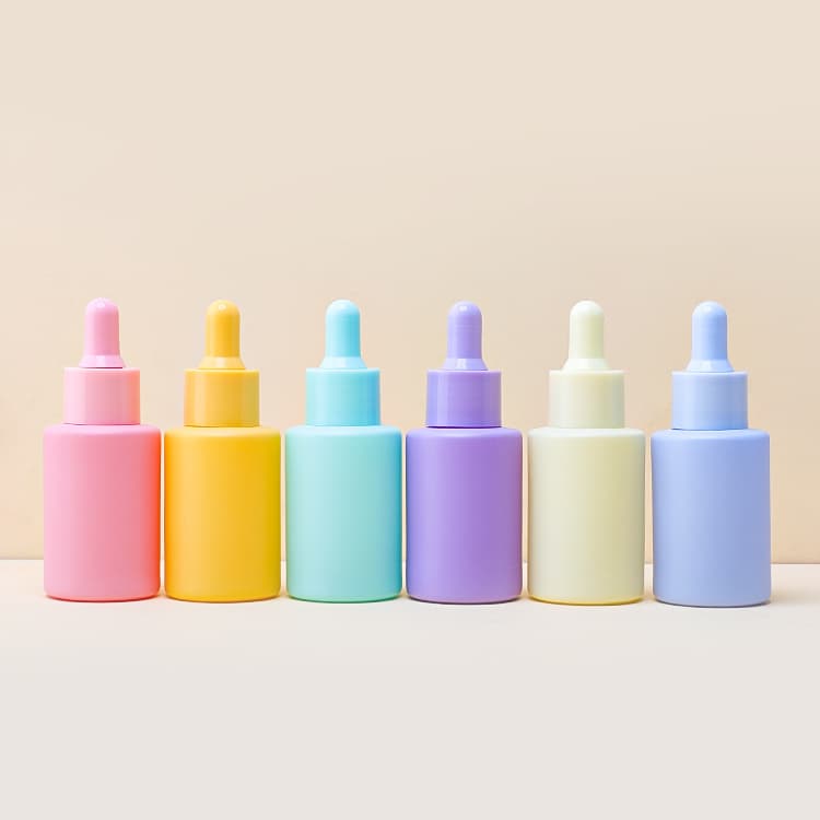 Cosmetic packaging — In Stock 30ml Malti-Colored Glass Dropper Bottle 1oz Flat Shoulder Cosmetic Essential Oil Serum Bottles Liquid Foundation Bottle