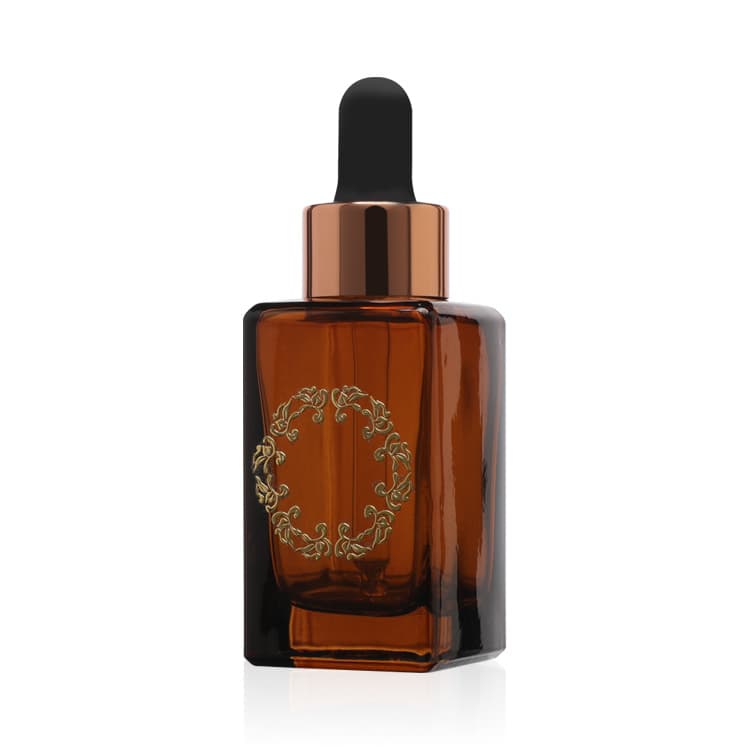 Cosmetic packaging — Luxurious 30ml Bronzing Dropper Bottle Glass Cosmetic Packaging Essential Oil Square Amber Dropper Bottles