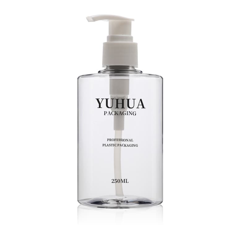 Cosmetic packaging — skincare packaging plastic 250ml PET flap shoulder cylinder round bottle with different golden press lotion pump shampoo bottle