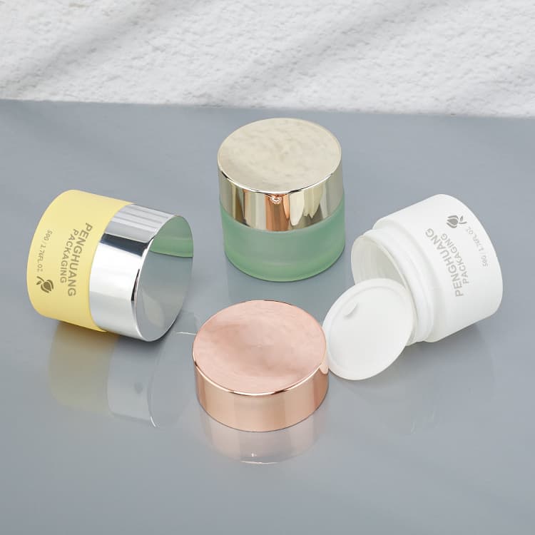 Cosmetic packaging — Colorful 50g 60g 100g Empty Face Cream Jar Round Frosted Green Glass Cosmetic Jar with Gold Lid