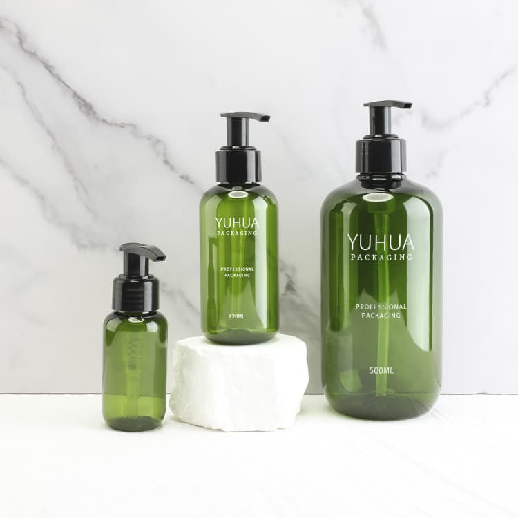 Cosmetic packaging — Plastic Pet Bottles 60ml 120ml 150ml Green Transparent Plastic PET Shampoo Bottle Pet Boston Round Bottle With Lotion Pump