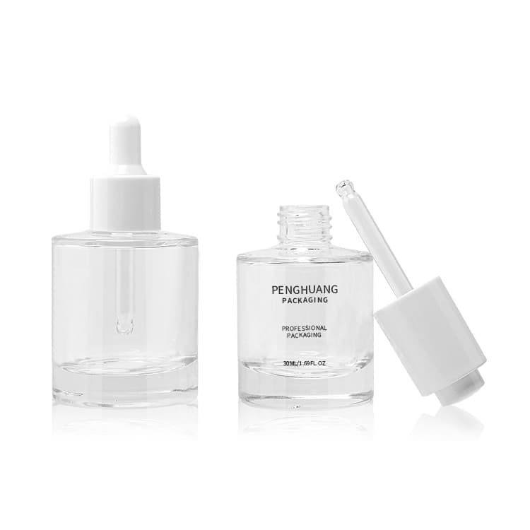 Cosmetic packaging — Custom wholesale round skin care  packaging clear 30ml 50ml glass dropper bottle transparent cosmetic glass serum bottle