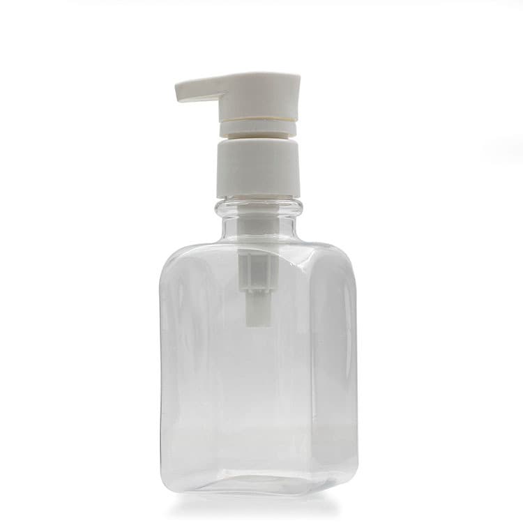 Cosmetic packaging — Manufacturers square shape plastic bottle PET transparent packaging with white plastic pump cosmetic plastic lotion bottles