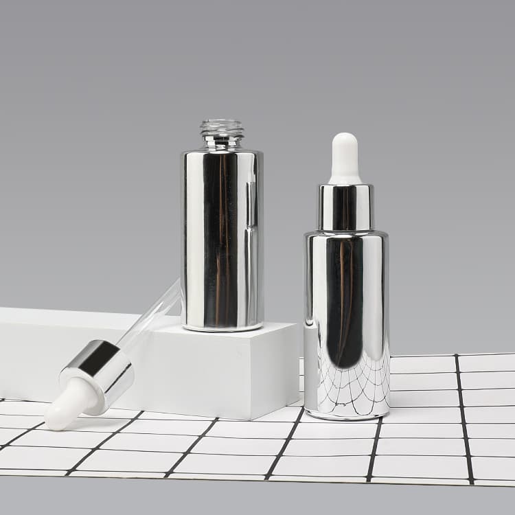 Cosmetic packaging — Luxury 1.5oz 50ml Electroplated Silver Glass Essential Oil Bottle Dropper Hair Oil Bottle Cosmetics Glass Serum Bottle