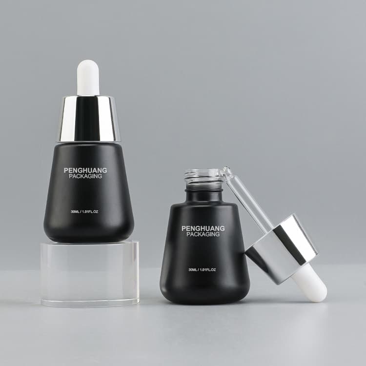 Cosmetic packaging — Custom logo Makeup Setting Glass Serum Bottle 30ml Skincare Packaging Black Luxury Empty Dropper Bottle Glass with Push Button