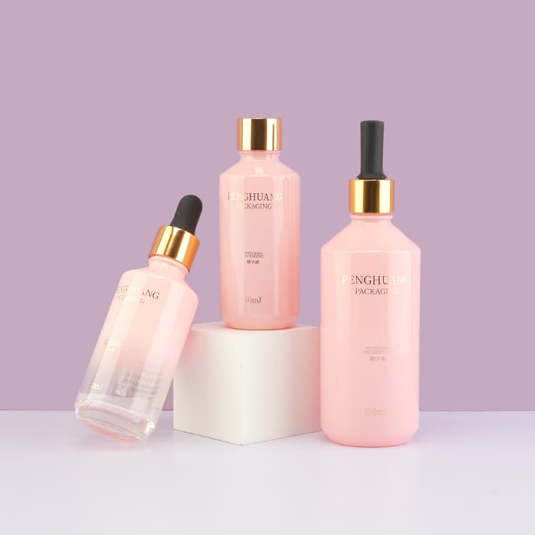 Cosmetic packaging — Glass Bottle Manufacturer Custom Glass Serum Bottle 50ml 100ml pink Dropper Glass Bottle for Skincare Packaging