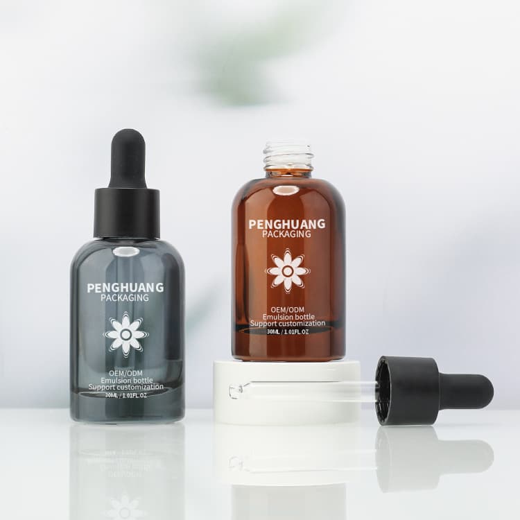 Cosmetic packaging — Wholesale Round Amber Empty Glass Dropper Bottle 30ml 45ml Essential Oil Face Serum Bottle for Skincare